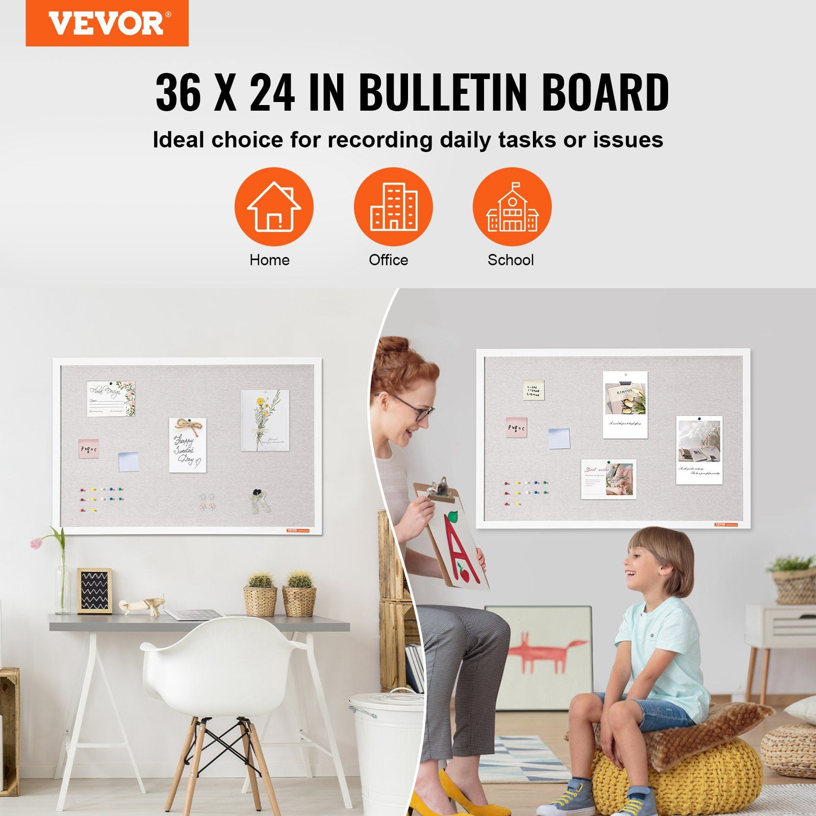 36"x24" White Linen Surface Cork Bulletin Board - Elegant Wall-Mounted Pin Board for Home Office & School, Durable Framed Notice Board