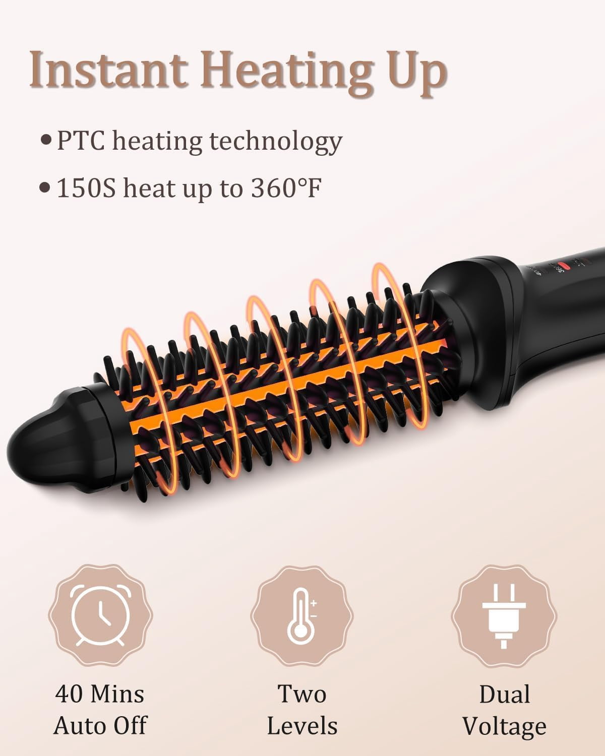 Curling Iron Brush for Short Long Hair, Hair Curling Brush Long Barrel Tourmaline Ceramic, Dual Voltage Curling Brush Iron with Anti-Scald Bristles (Black)