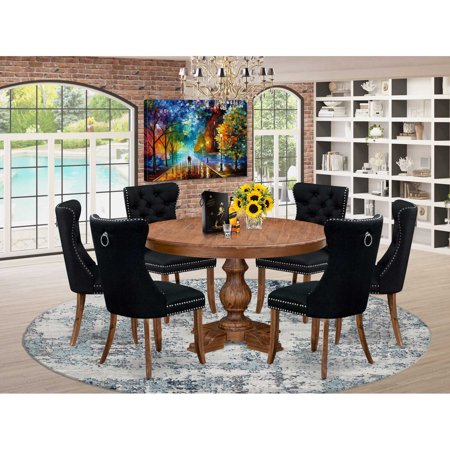 Luxe by East West Furniture F5DA7-50N-24 7-Piece Kitchen Set with Linen Fabric 6 Black upholstered dining chairs Button-Tufted Backs and a 54 Round Table in Antique Walnut Finish.