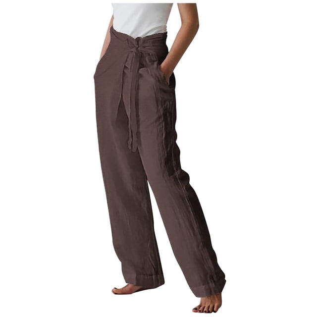 BLVB Pantalon Ample Décontracté en Coton et Lin pour Femme Grande Taille, Couleur Unie, Jambes Larges, Marron, Grand