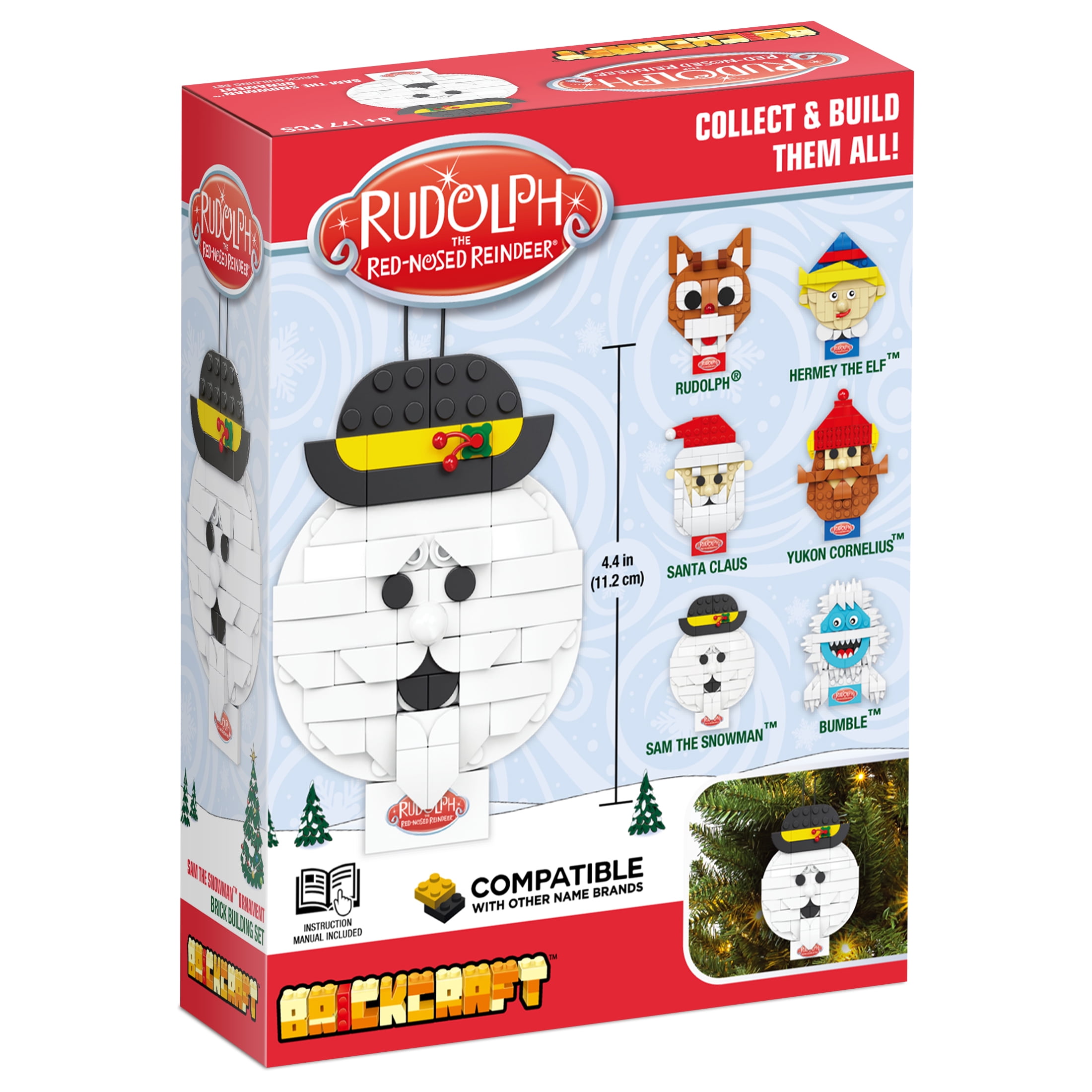 Brickcraft Rudolph the Red-Nosed Reindeer Sam the Snowman Ornament Building Kit, 77-Piece Hanging Christmas Decoration Collectible