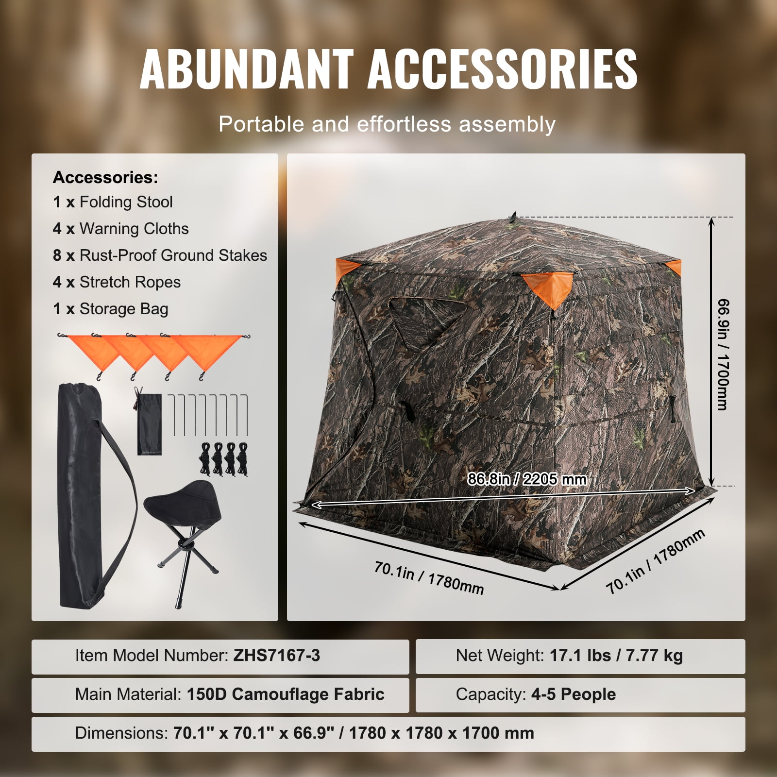 KFFKFF Hunting Shelter, 270° Visibility Ground Shelter, 4-5 Person Instant Setup Wildlife Blind with Transport Bag, Durable Outdoor Hunting Hub