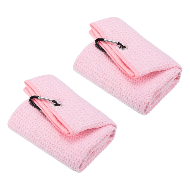 Unique Bargains 12'x12' Golf Towels Tri Fold Waffle Pattern Towels Soft Fiber with D Clip Pink 2 Pack