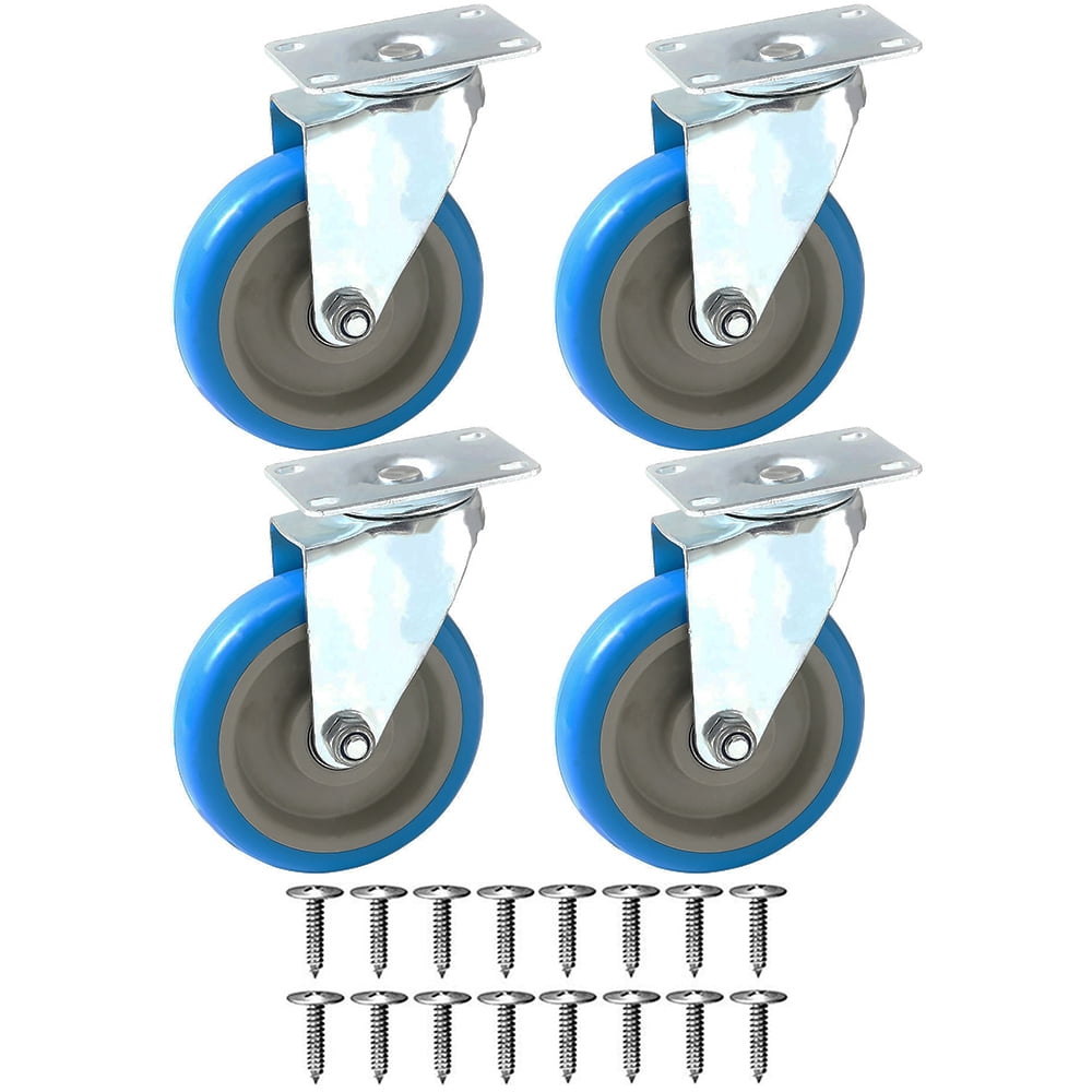 4 Pack Caster Wheels Swivel Plate On Blue Polyurethane Wheels w/ Screws (5' Plate No Brake)