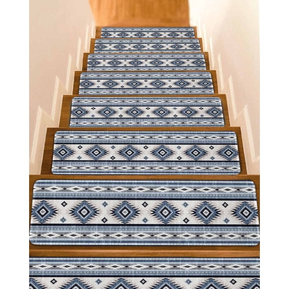 Blue Southwestern Non-Slip Stair Treads for Wooden Steps, 15 Pack 8x30 Inches Carpet Stair Mats with Adhesive Backing, Noise-Reducing Step Covers for Indoor Stairs, Easy to Install & Residue-Free