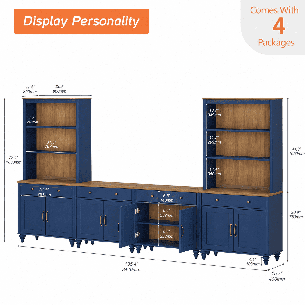 Entertainment Center with Bookshelves for TVs up to 75", Farmhouse Wall Unit TV Stand with 8 Doors & 4 Drawer, Media Console Table for Living Room, Bedroom & Home Theater, Navy Blue