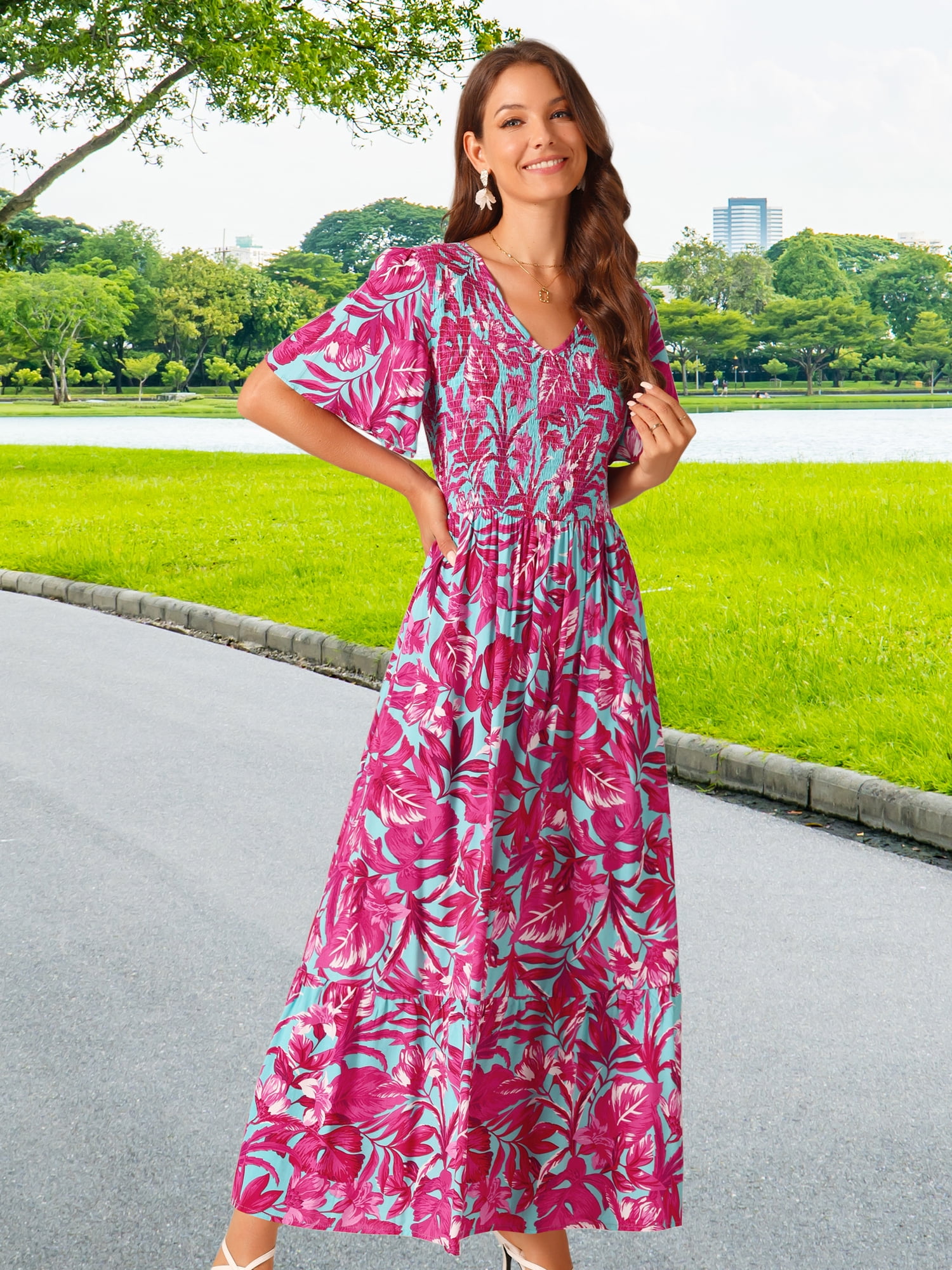 DARING DIVA Women's Floral Short Flutter Sleeve Flowy Maxi Dresses M Hot Pink