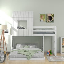 Wooden Twin Over Full Bunk Bed with Playhouse Design, Farmhouse Style Loft Bed with Ladder and Guardrails, Solid Wood Construction, White Finish