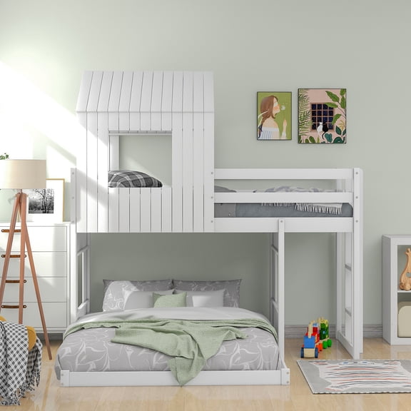 Wooden Twin Over Full Bunk Bed with Playhouse Design, Farmhouse Style Loft Bed with Ladder and Guardrails, Solid Wood Construction, White Finish