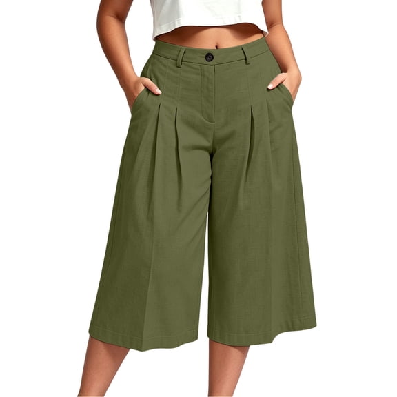 Levmjia Women High Waisted Pleated Wide Leg Capri Pants Plus Size Elastic Waist Casual Loose Cropped Trousers with Pockets