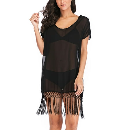 LELINTA Womens Beach Bikini Cover up Chiffon Tassel Swim V Neck Loose Bathing Suit Cover-up Summer Swimsuit Swimwear  Black
