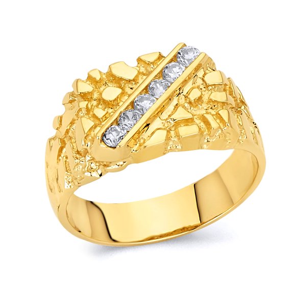 Wellingsale Men's Solid 14k Yellow Gold Polished CZ Cubic Zirconia Heavy Nugget Ring - Size 8
