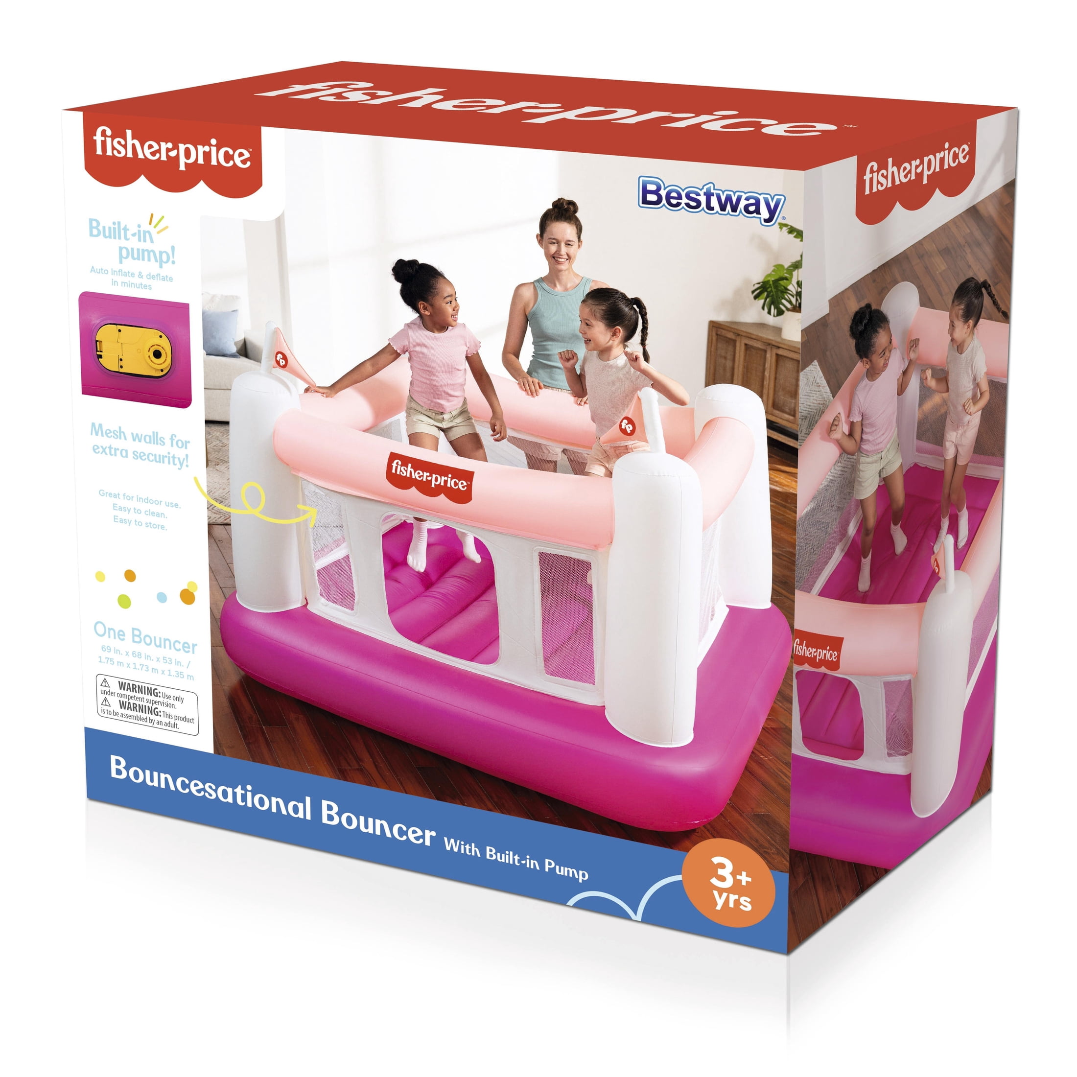Fisher-Price Pink Bouncesational Indoor Inflatable Bouncer with Built-In Pump