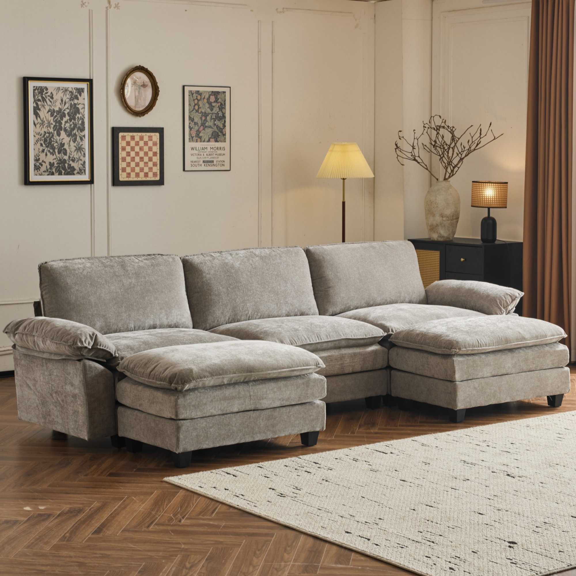 Ktaxon 120" W Sectional Sofa U Shaped Couch with Double Chaise Chenille Sleeper Set with 3 Oversized Seats Light Gray