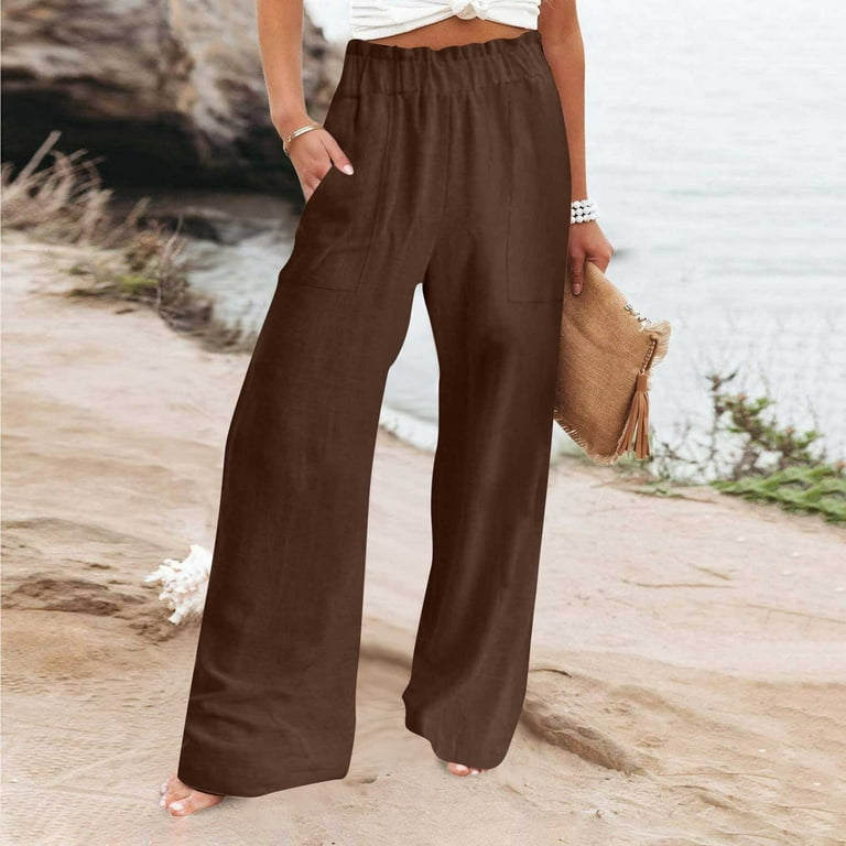 QUYUON Wide Leg Linen Pants for Women Summer High Waisted Cotton Linen Long  Lounge Pants with Pockets Elastic Waist Pull on Pants Casual Loose