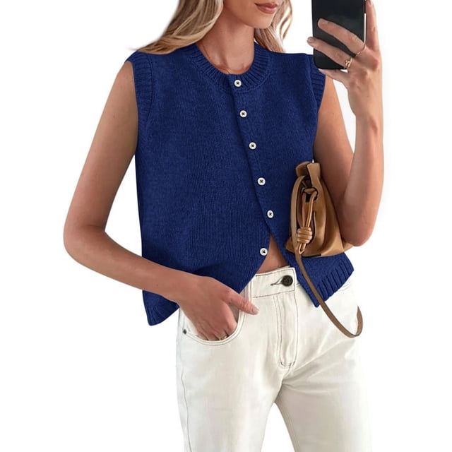 Chaleco sin mangas con botones PRETTYGARDEN Azul Oscuro XXL