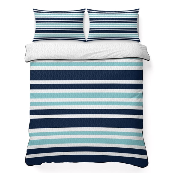 King Quilt Bedding Set Nautical Navy Blue Contrast Stripe Summer Quilt Lightweight Quilted Coverlet with 2 Pillow Shams, Modern Minimalist Line 3-Piece Bedspread Quilt Set for All Season