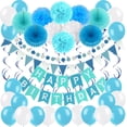 thumbnail image 1 of Decoraciones de cumpleaños, cartel de cumpleaños, decoración de fiesta, 43 piezas, cartel de feliz cumpleaños, pompones, cartel triangular, guirnaldas, remolinos colgantes y globos, color azul, 1 of 2