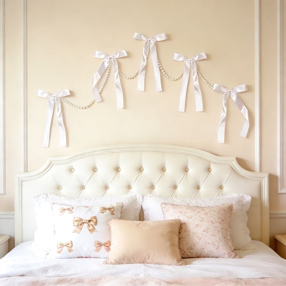 White Bow Garland Banner - French Elegance Romantic Decor for Bedroom, Parties & Photo Backdrops 4 Pack