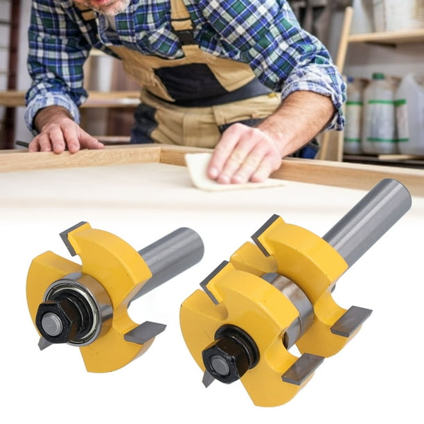 Fyydes 2Pcs Tongue Groove Router Bit T Shape 3 Teeth 2 Bearing