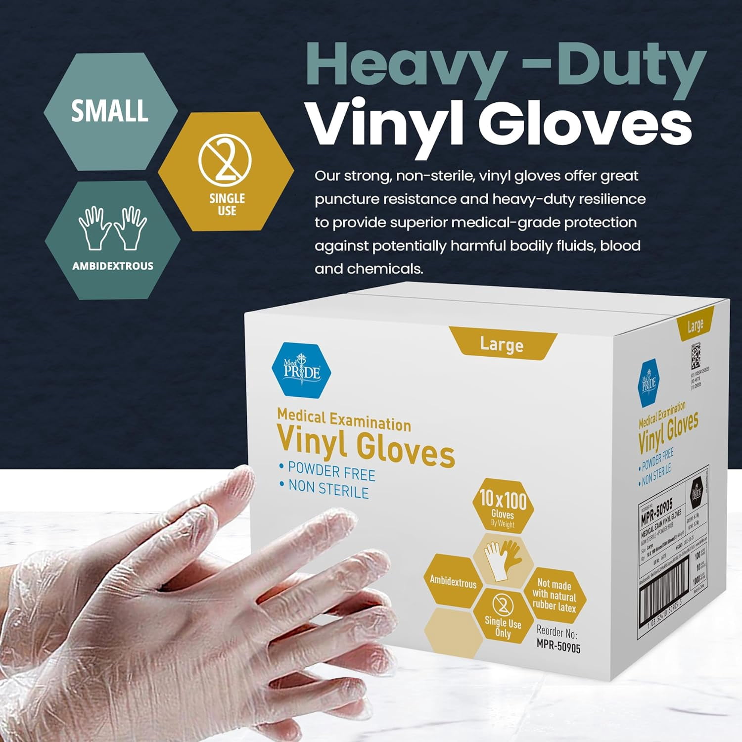 MEDPRIDE Disposable Vinyl Exam Gloves - Large, 1000-Count – Latex & Rubber Free, Ultra-Strong, Clear Powder-Free Gloves