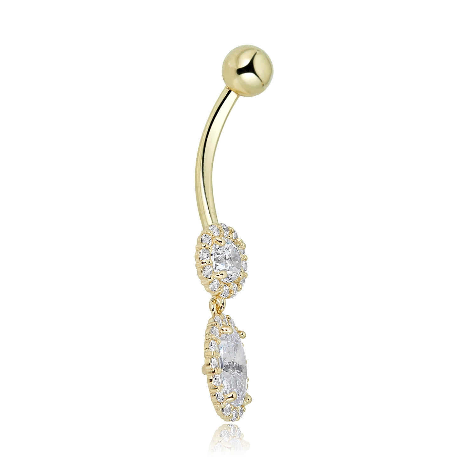 AVORA 10K Yellow Gold Simulated Diamond CZ Oval and Round Dangling Belly Button Ring Body Jewelry (14 Gauge)