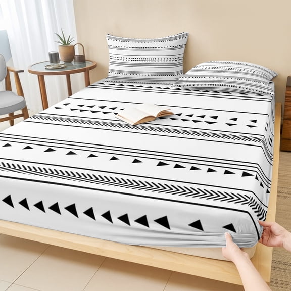 King Size Fitted Sheet Set - Boho Black White Modern Stripes 3 Piece Bedding Sets 16" Deep Pocket Fitted Sheet with 2 Pillowcases, Farmhouse Abstract Art Brushed Microfiber Hotel Luxury Bed Sheets