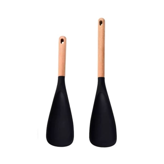 Cooking Spoon for Nonstick Cookwares, Great for Cooking and Serving Sturdy BPA-Free Matte Silicone, Wood Handle Spoon for Mixing, Scoop, and Scrape (2 Pack of Black, 11.4 inch)
