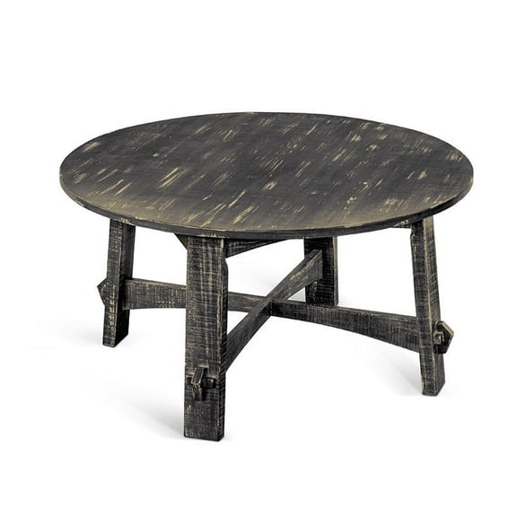 Rena Coffee Table- 36 Inch Round Top- Distressed Rustic Black Wood
