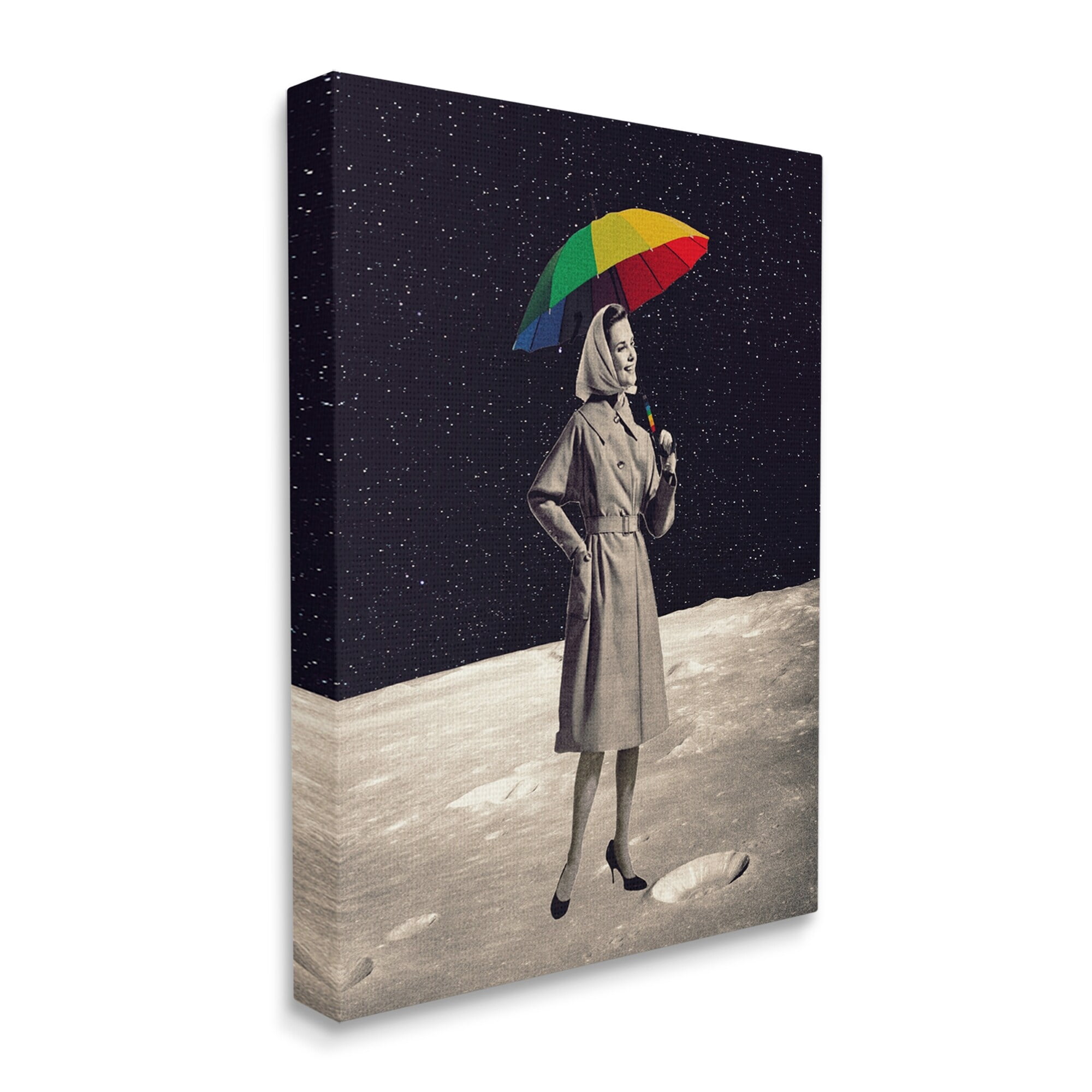 Stupell Industries Vintage Woman Outer Space Moon Rainbow Umbrella Canvas Wall Art, 30 x 40, Design by Daniel Sproul