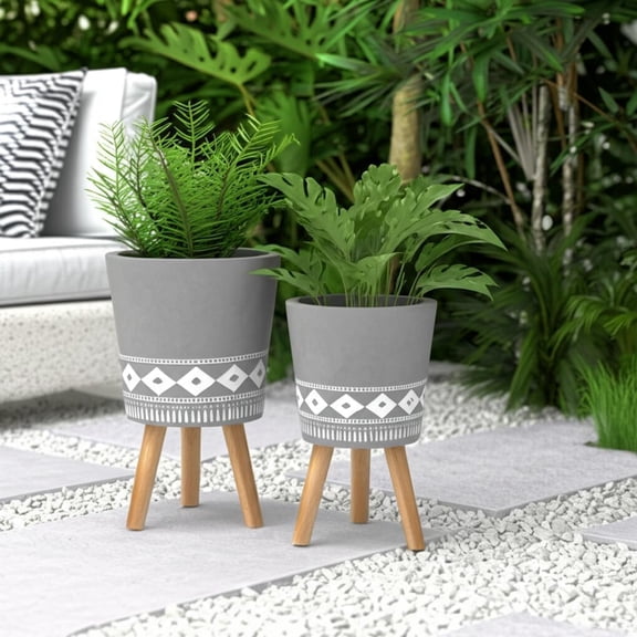 Set of 2 Modern Resin Planters with Stands - Decorative Magnesia & Beech Wood Flower Pots for Indoor & Outdoor Home Garden, Mid- Style; Gray 12" & 10"
