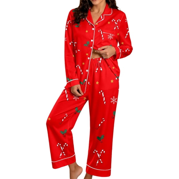 ZHOGXU Christmas Womens 2 Piece Pajama Sets Printed Long Sleeve Button Down Top Pant Pjs Sets Cozy Nightwear Homewear,Red,L