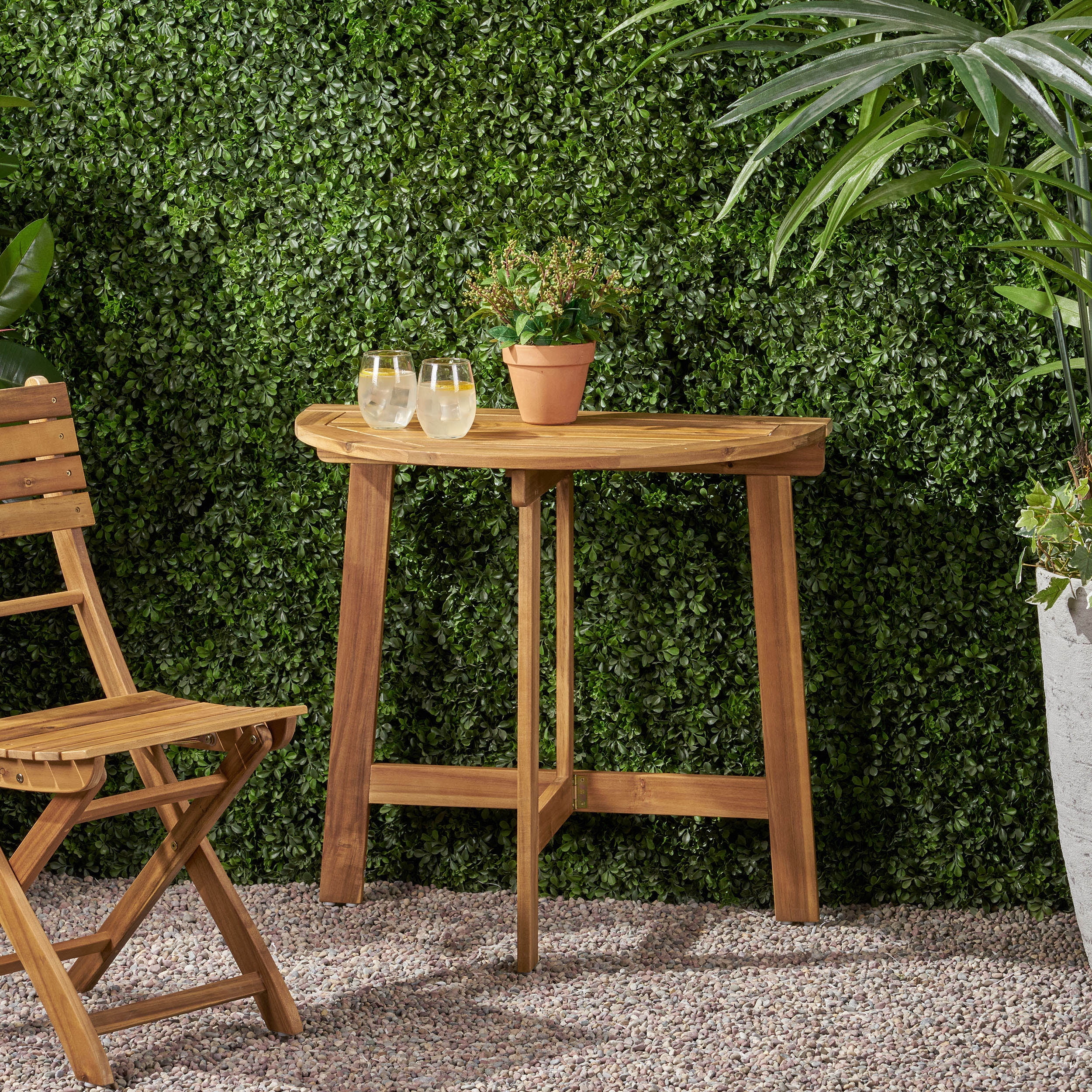 Outdoor Half Round Folding Bistro Table, Acacia Wood Desktop for Patio Balcony, Natural