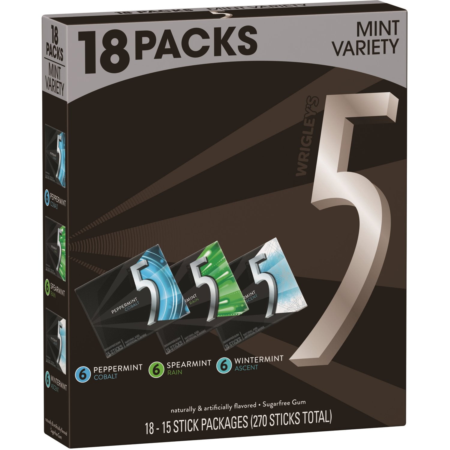 5 Gum SugarFree Gum, Variety Box, 18 Ct