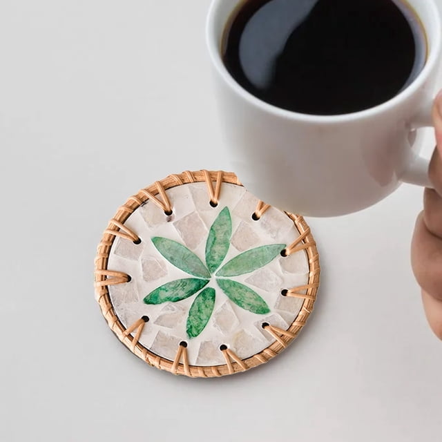 TIMIFIS Wooden Seashell Coasters, Home Decor Rattan Ceramic Heat Insulating Saucer Seashell Floral Pattern Saucer Tea Saucer Coffee Table Hand Woven Non Scaldable Seashell Mats