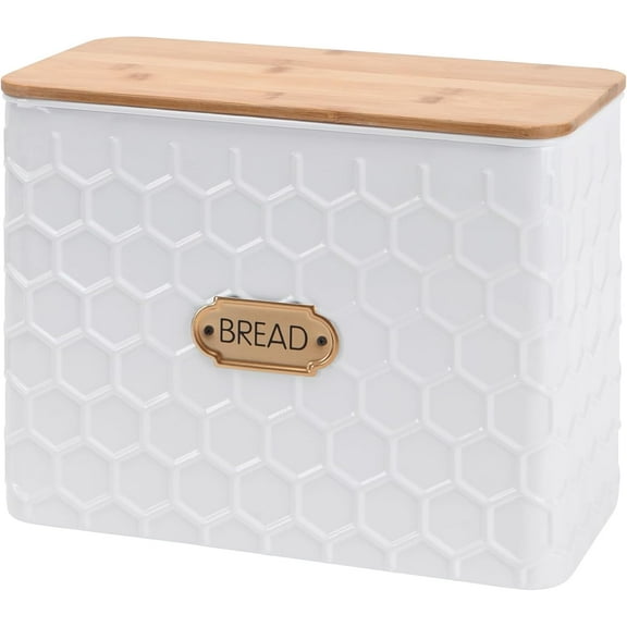 Extra Large Space Saving Farmhouse White Bread Box With Bamboo Lid - Holds 2 Loaves - Vertical Breadbox Bread Storage Bin Holder for Kitchen Countertop, Honeycomb Embossed Pattern