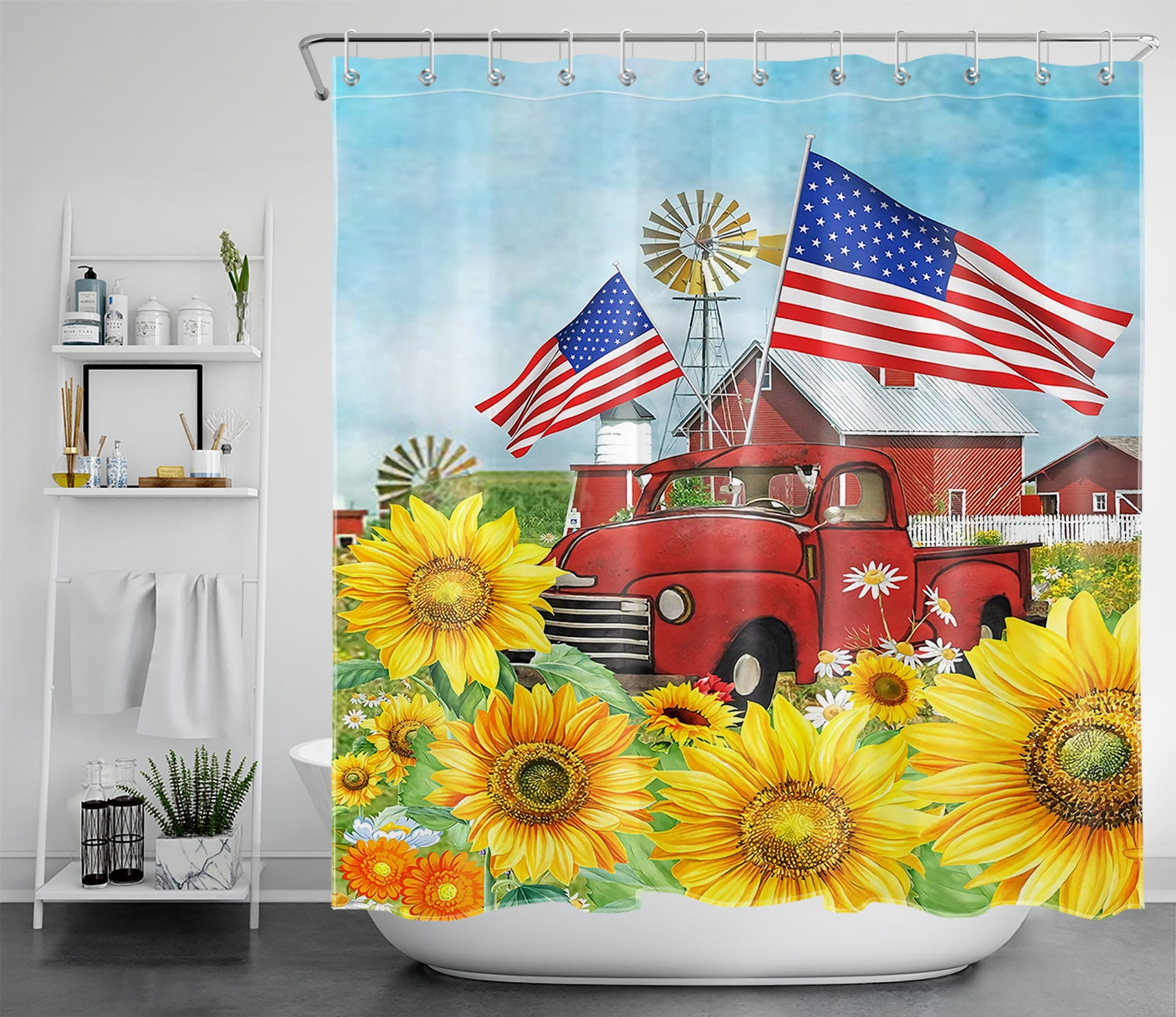 HVEST Farmhouse Shower Curtain for Bathroom,Red Truck and America Flag
