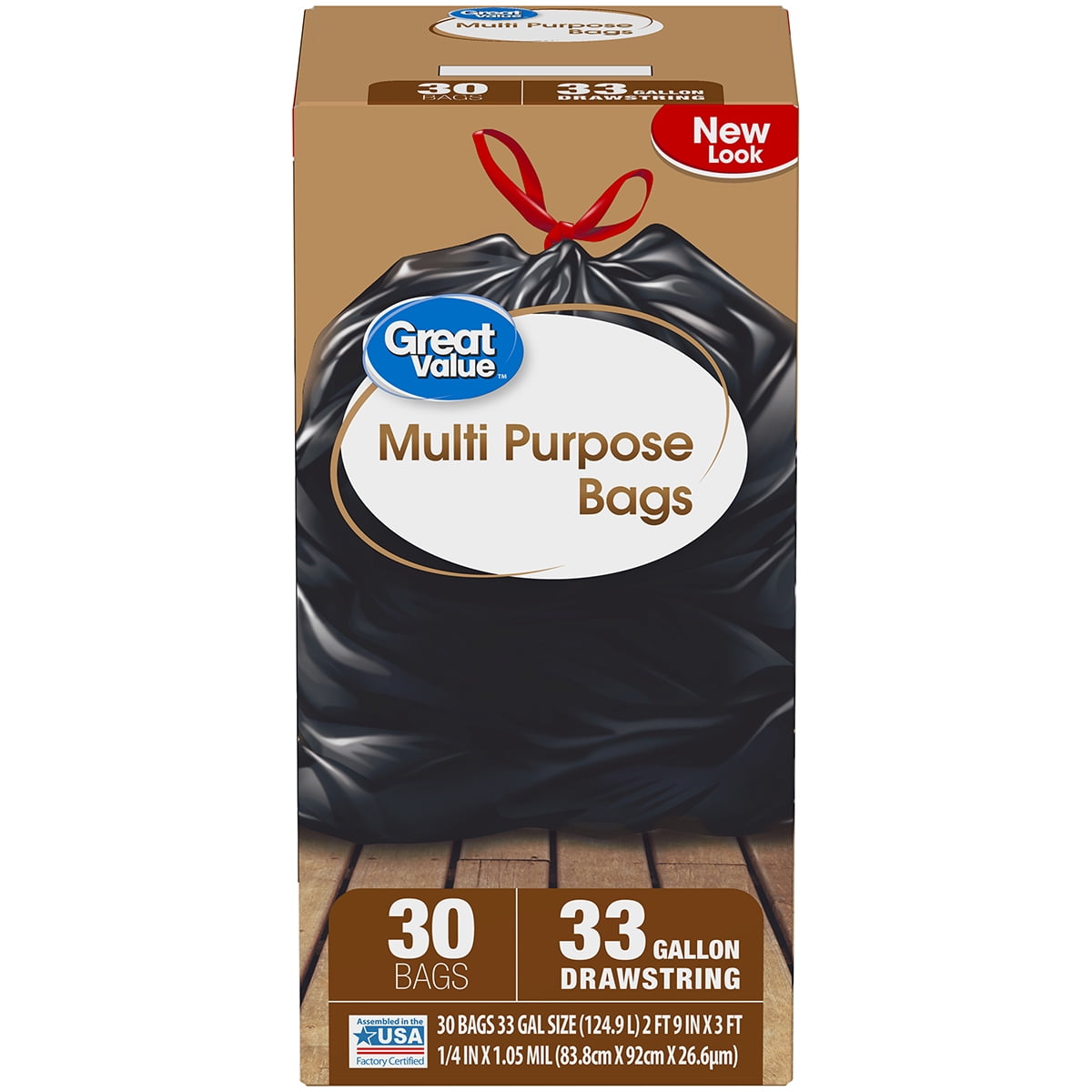 Great Value MultiPurpose Drawstring Trash Bags, 33 Gallon, 30 Count