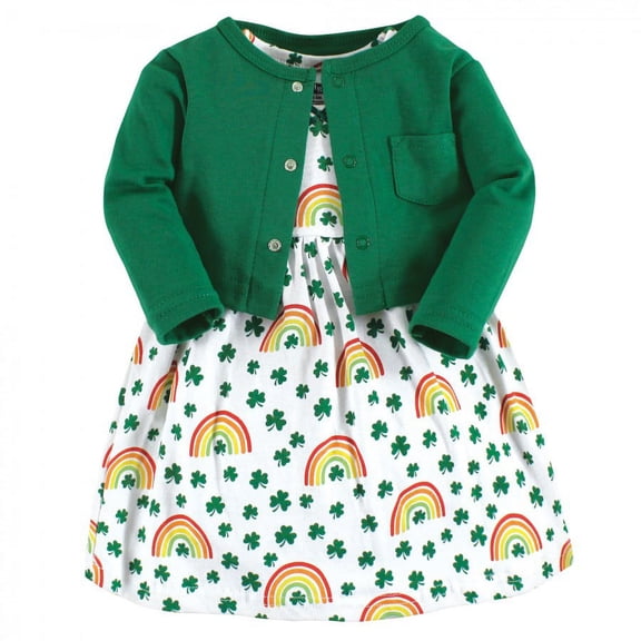 Hudson Baby Infant and Toddler Girl Cotton Dress and Cardigan Set, St Patricks Rainbow, 0-3 Months