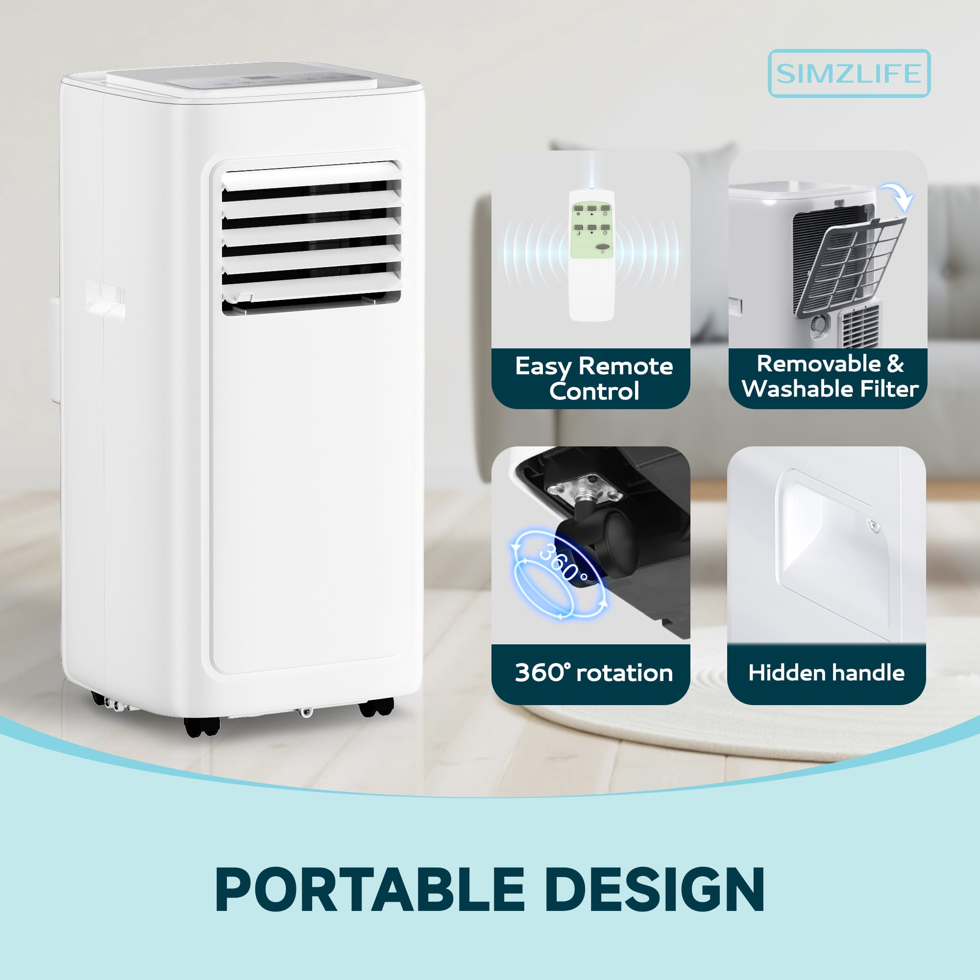 Simzlife Portable Air Conditioner 10,000 BTU , Dehumidifier, Fan,Cool, 3 in 1 AC with Remote Control