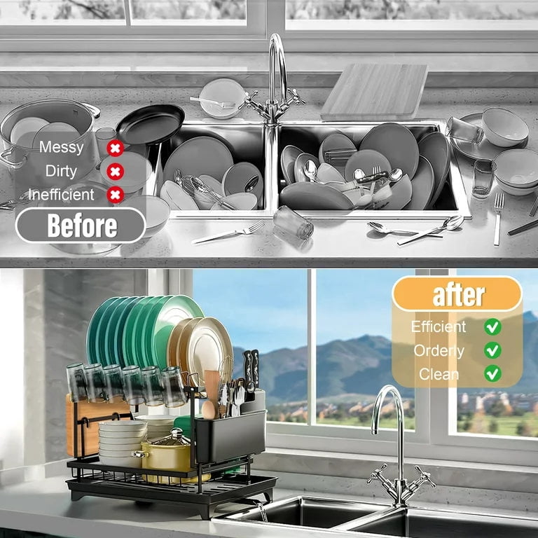 2 Tier Dish Racks for Kitchen Counter, Dish Drying Rack with Dish Drainer, Durable Stainless Steel Dish Rack Drain Set with Utensil Holder, Cutting Board Holder, Kitchen Dishes Organizers