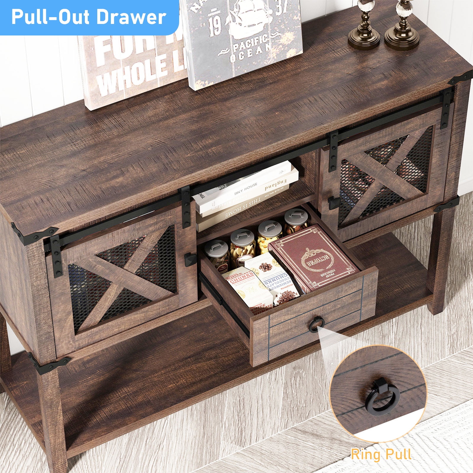 ANPOO Rustic Sofa Table, Large Console Table Entryway Table with 2 Barn Door Cabinets & 1 Drawer for Living Room