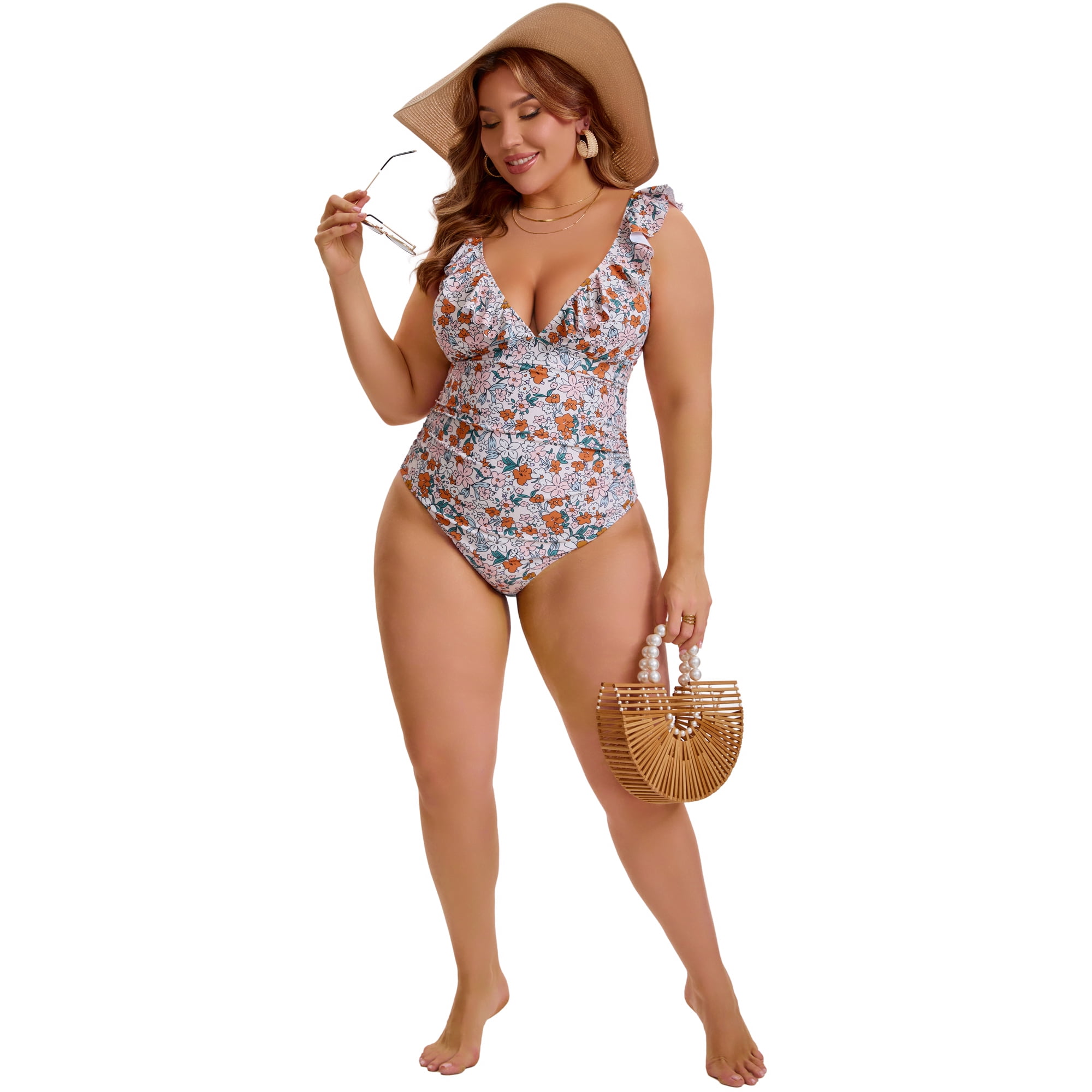 DARING DIVA Women's Plus Swimsuit Ruffled V Neck Tummy Control Bathing Suit 4X Beige