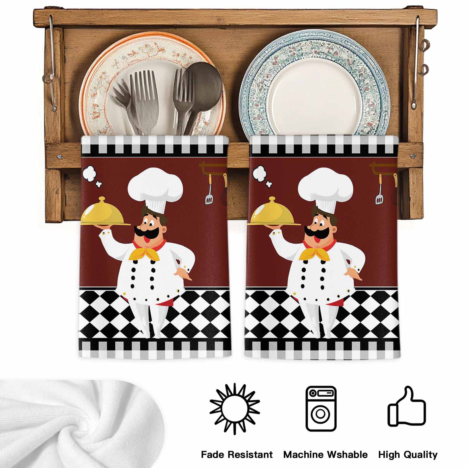 Dish Towels, Cartoon Chef Absorbent Kitchen Towels 2 PCS, Kitchen Gourmet Black Plaid Microfiber Hand Towels Dish Cloths Tea Towels for Home&nbsp;Bathroom Cleaning Drying,18X28-Inch,
