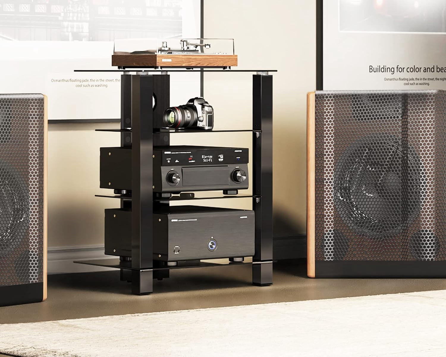 FITUEYES 4-Tier AV Media Cabinet with Tempered Glass Shelves, Black