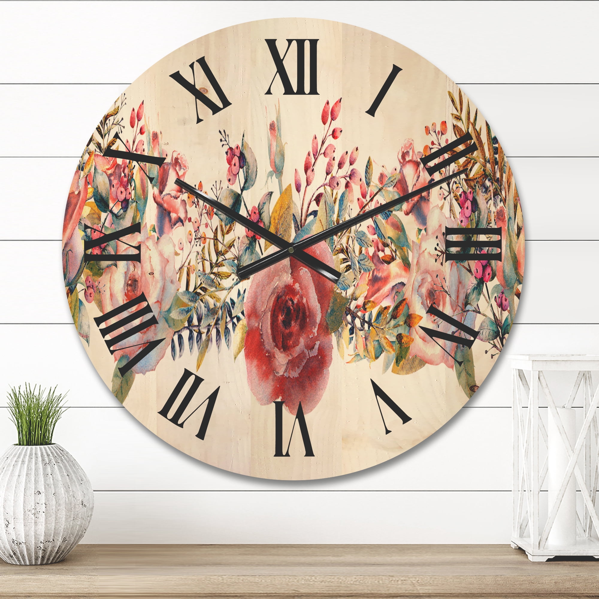 Designart 'Wildflower and Pink Roses' Farmhouse Wood Wall Clock
