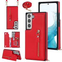 Crossbody Wallet Case for Samsung Galaxy S24 with RFID Blocking Card Slot Holder, Magnetic Flip Folio Purse Case, Premium PU Leather Zipper Handbag with Detachable Lanyard Strap, Red