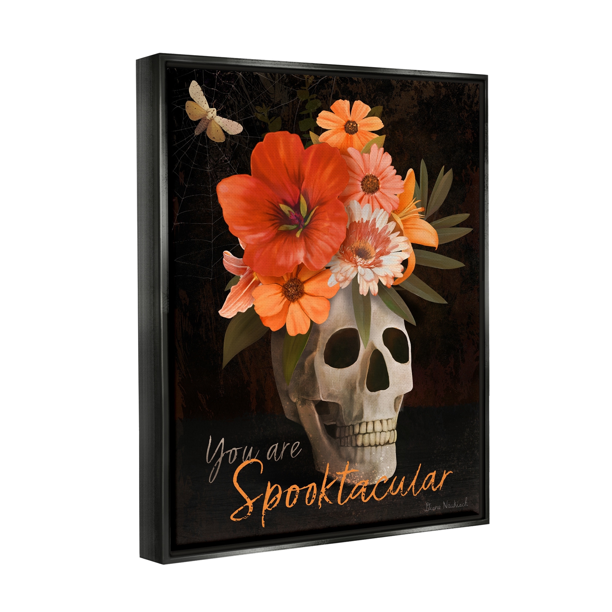 Stupell Industries Spooktacular Halloween Skull Flower Arrangement Spider Web Graphic Art Jet Black Floating Framed Canvas Print Wall Art, Design by Diane Neukirch