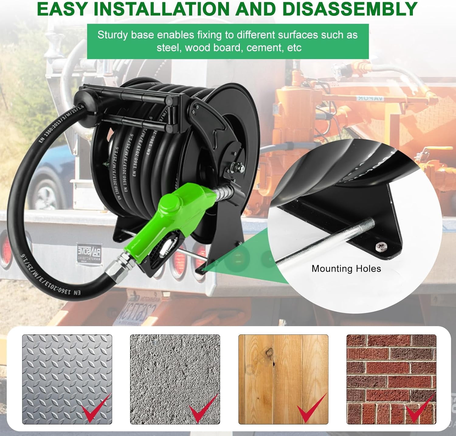 XUTUMM Fuel Hose Reel Retractable 1" x 50' Adjustable Dual Arm, All-weatherAuto Rewind, Heavy Duty Steel, with Fueling Nozzle for Aircraft Ship Vehicle Tank Truck, 300 PSI