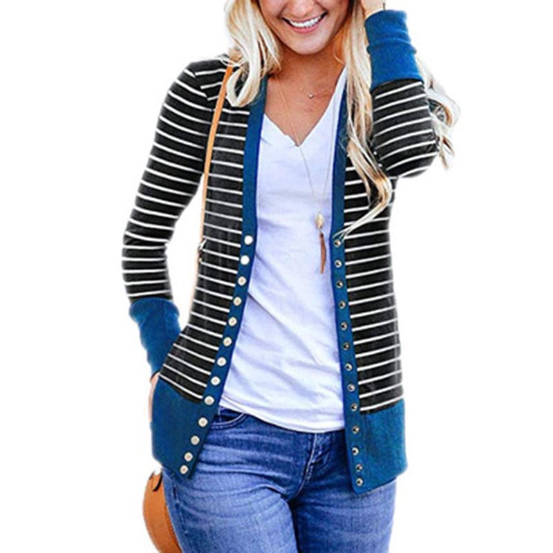 Women's Long Sleeve Striped Snap Button V Neck Cardigans